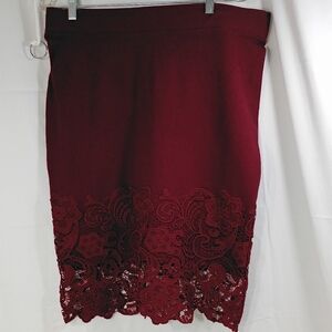 OLIVIA BLU,  Chic Lace Hem Pencil Skirt in Burgundy
